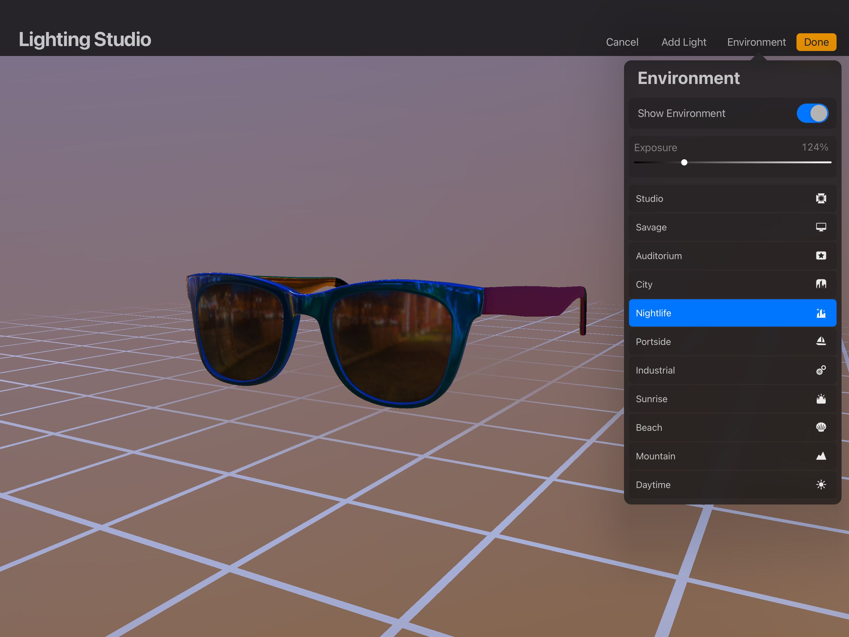 Солнцезащитные очки в ночном 3D окружении Procreate