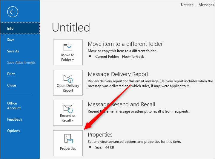 Кнопка «Свойства» в Outlook для отдельного письма.