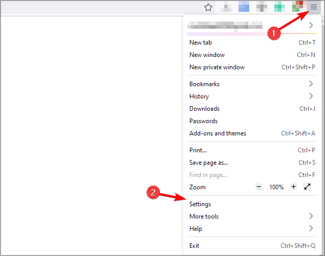Пункт меню «Настройки» в Mozilla Firefox