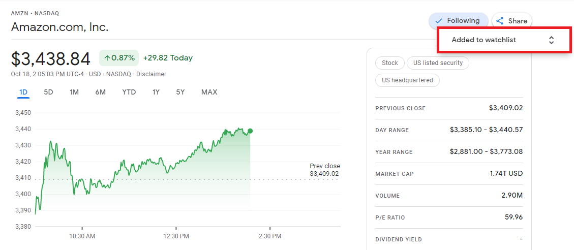 Экран Google Finance: добавлено в список отслеживания