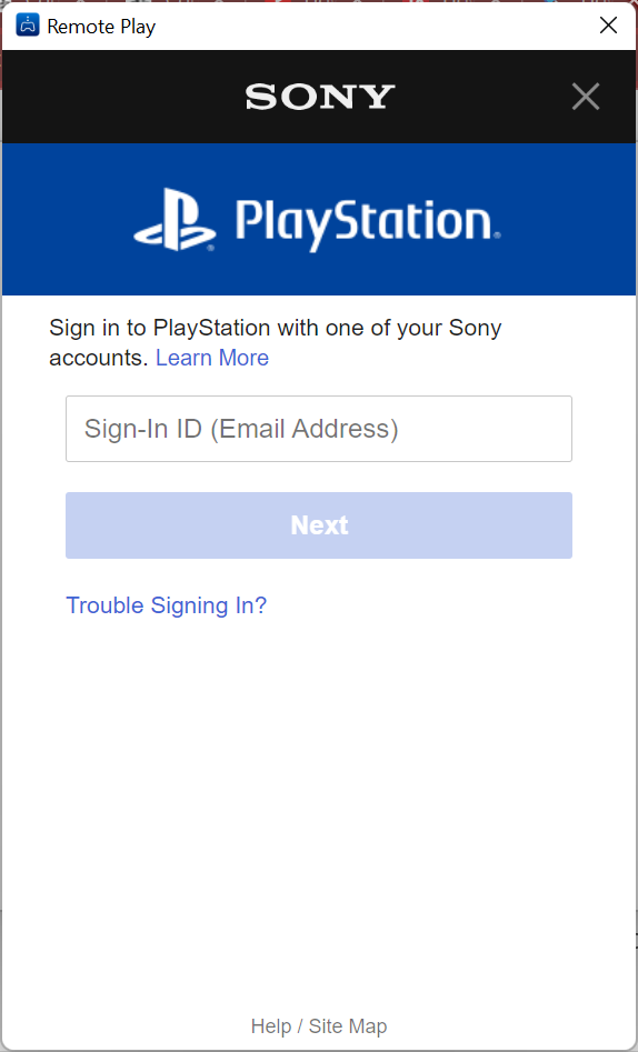 Форма входа в аккаунт Sony