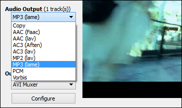 Меню выбора формата аудиовыхода MP3 в Avidemux