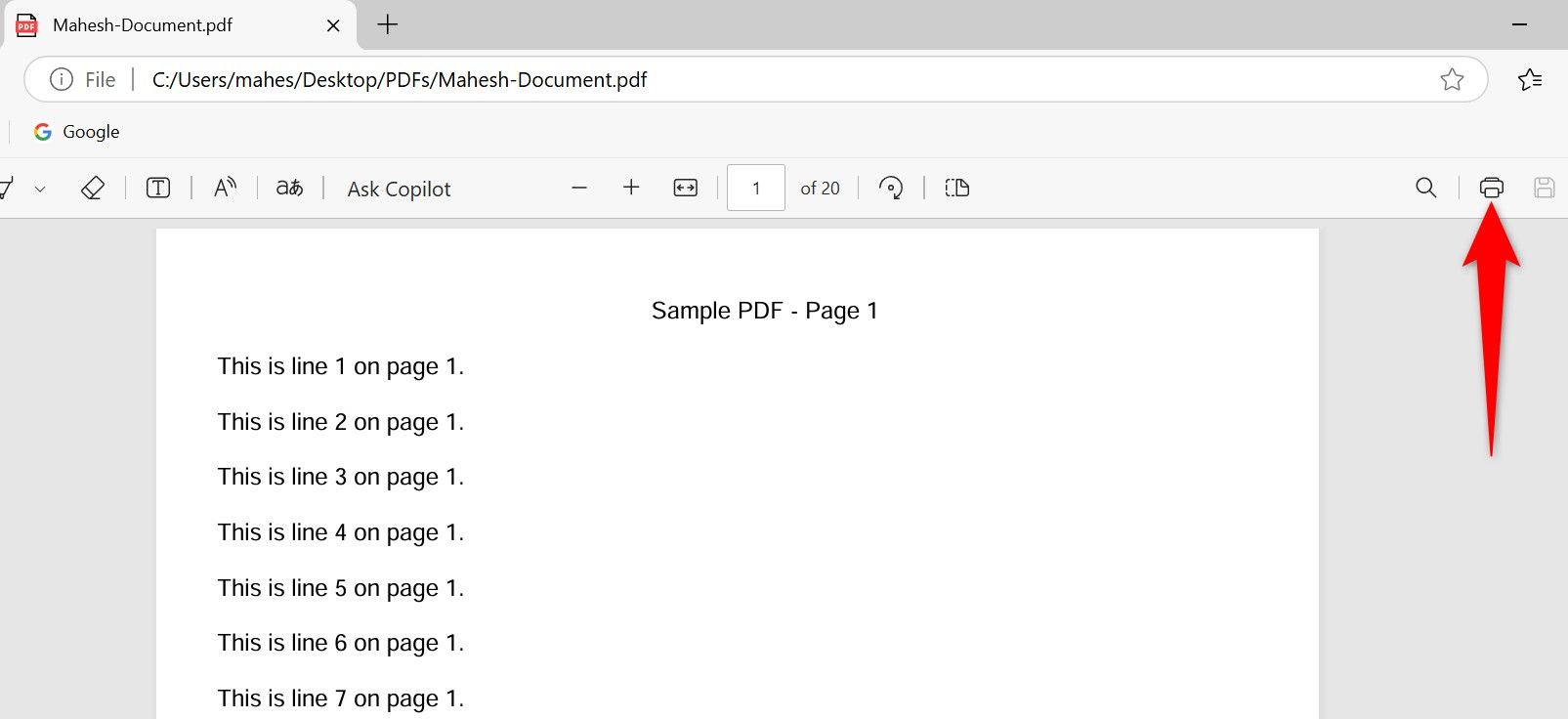 Кнопка Печать подсвечена в Edge.