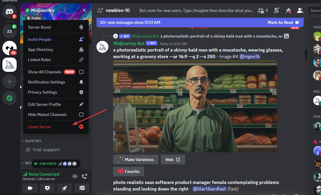 Меню сервера с опцией Leave Server