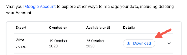 Скачать экспорт данных Google Drive вручную