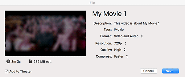 Экран следующего шага при экспорте в iMovie
