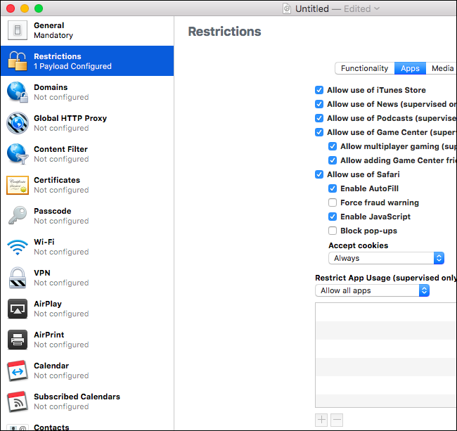 Изображение: настройки Restrict App Usage в Apple Configurator