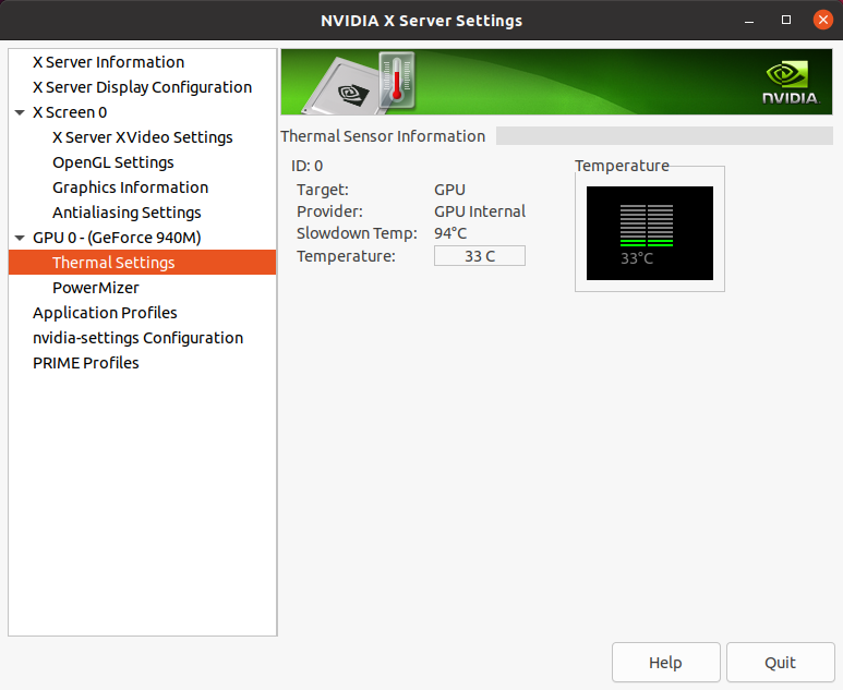 Экран Thermal Settings с температурой GPU