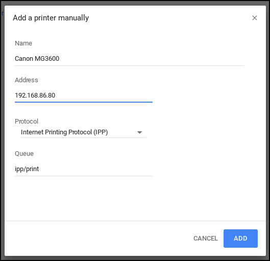 Форма ввода имени и IP-адреса принтера в Chrome OS