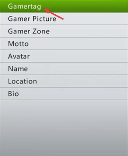 Выбор поля 'Gamertag' на Xbox 360