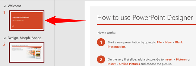 Выбор слайдов в списке слева.