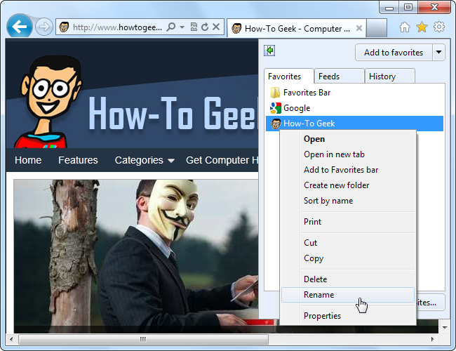 Переименование избранного для задания ключевого слова в Internet Explorer