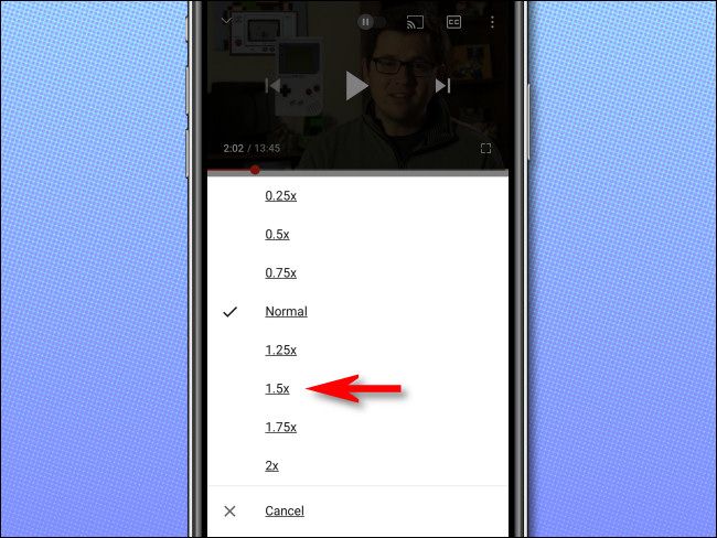 Выберите нужную скорость воспроизведения из списка.