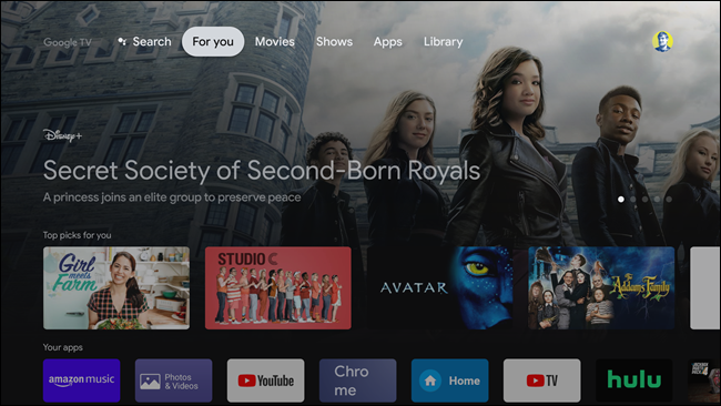 главный экран Google TV Home на Android TV