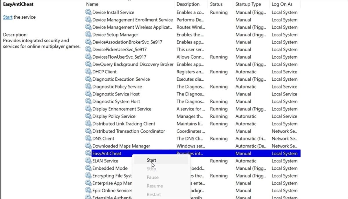 Запуск службы EasyAntiCheat через приложение Службы Windows