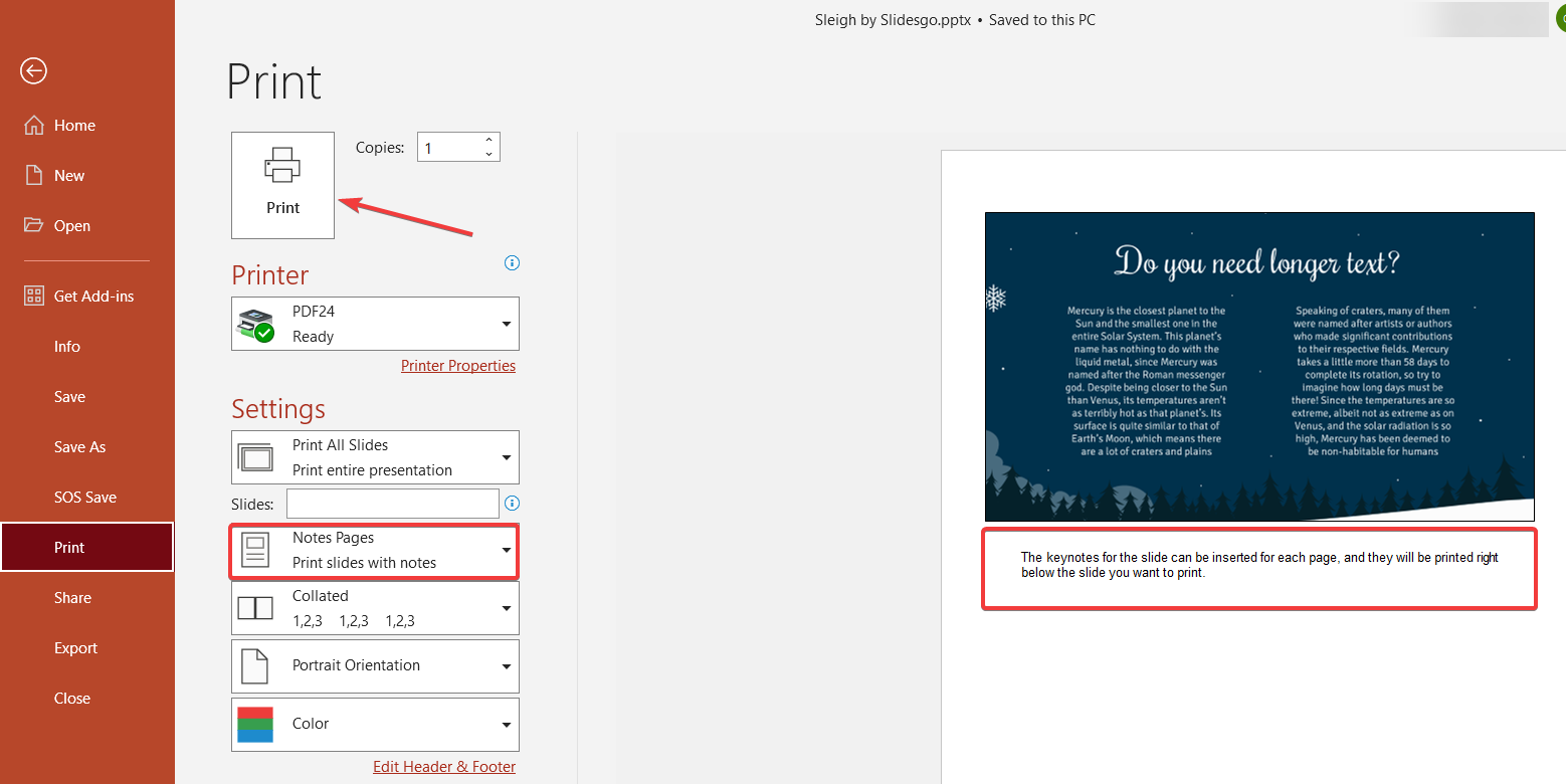 Предварительный просмотр печати: слайд и заметки снизу