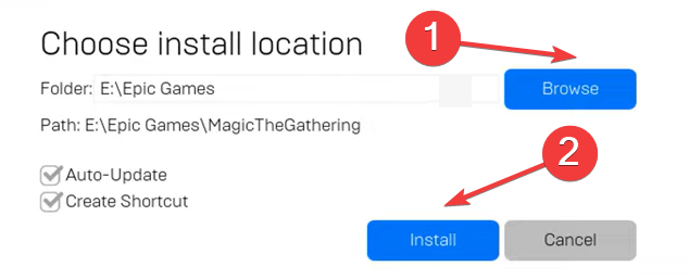 Выбор папки установки в Epic Games