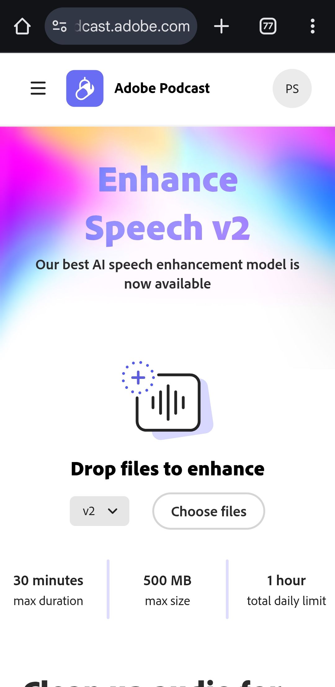 Веб‑интерфейс Adobe Enhance Speech в Chrome на Android
