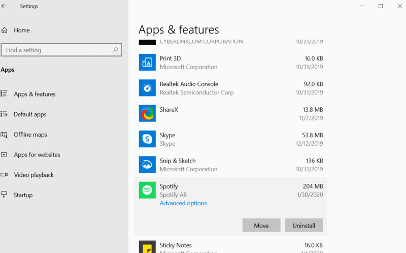 Выбор приложения и кнопка Переместить