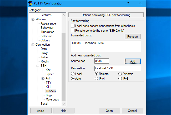PuTTY: настройка удалённого порт‑форвардинга