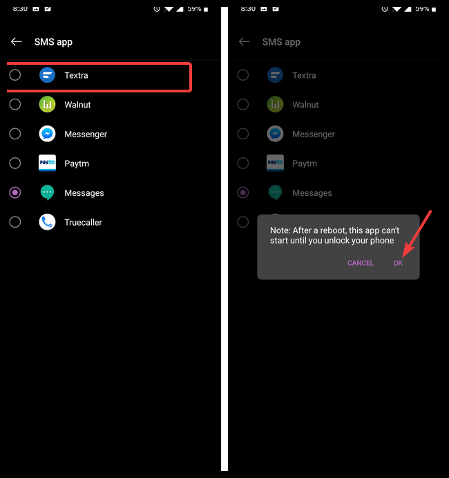 Выбор приложения SMS по умолчанию в списке