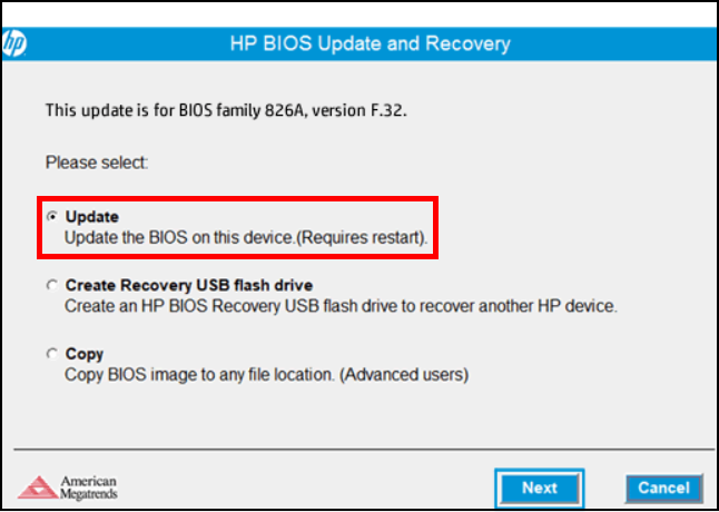 Окно HP BIOS Update and Recovery с опцией Update