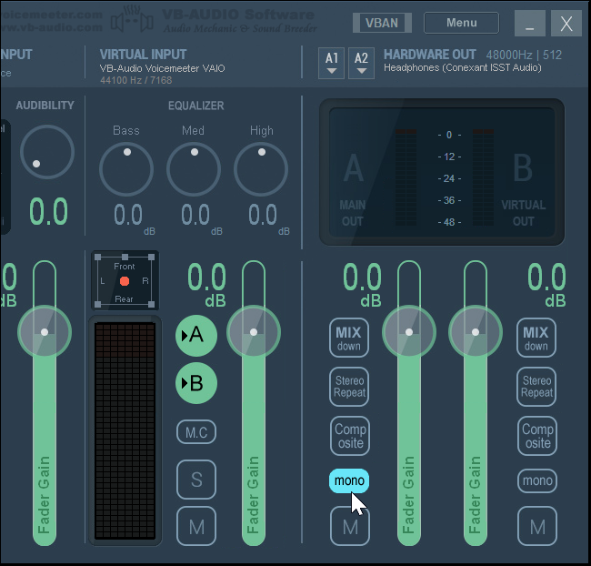 Кнопка Mono в интерфейсе VoiceMeeter
