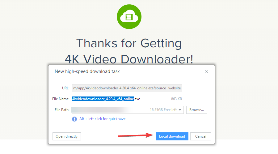 Сохранение установочного файла 4K Video Downloader локально.