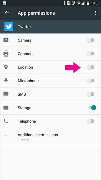Переключатель разрешения «Местоположение» для Twitter выключен на Android