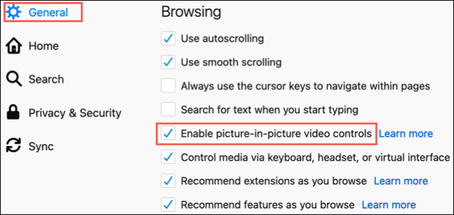 Флажок для включения элементов управления PiP