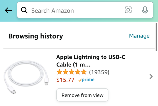 Экран истории просмотров в мобильном приложении Amazon с перечнем просмотренных товаров