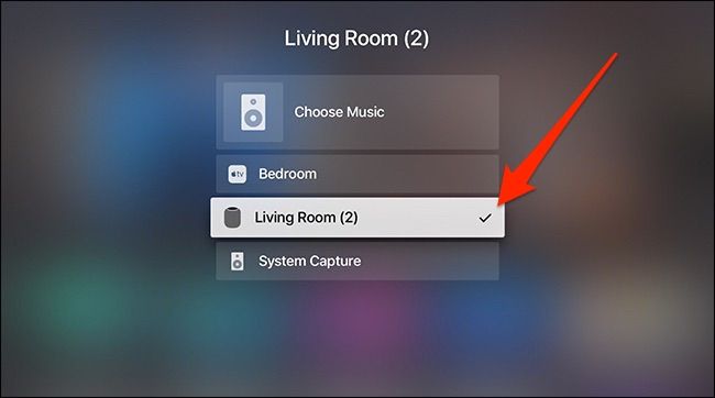 Подтверждение выбора HomePod в интерфейсе Apple TV