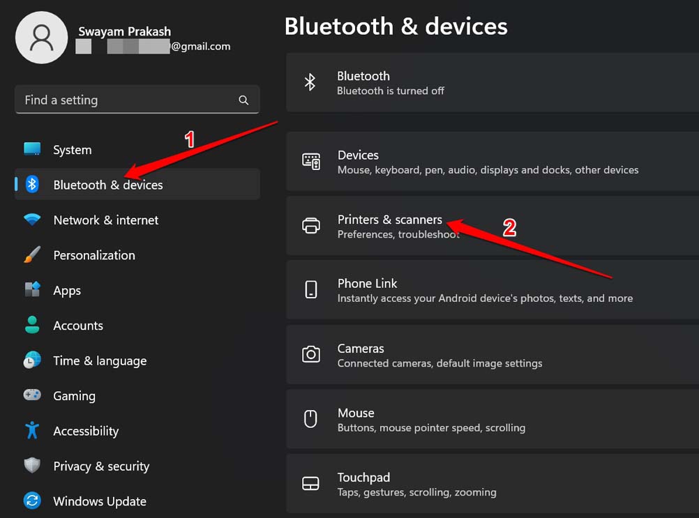 Окно настроек Принтеры и сканеры в Windows 11