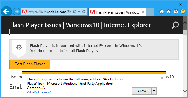 Запрос разрешения на запуск Flash в Internet Explorer
