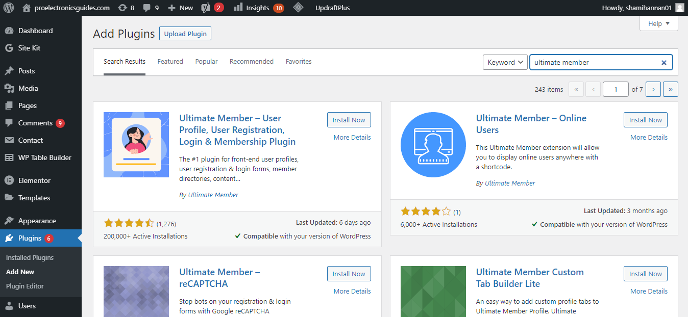 Поиск и установка плагина Ultimate Member в каталоге WordPress