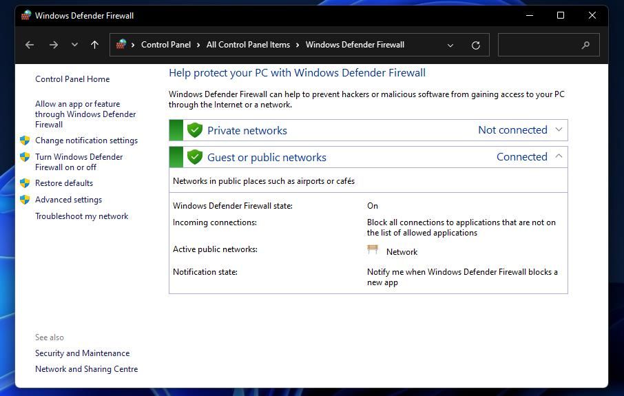 Окно параметров Брандмауэра Windows Defender