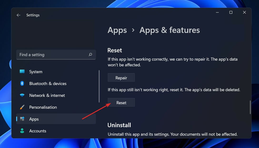 Кнопка «Сброс» для приложения в расширенных параметрах