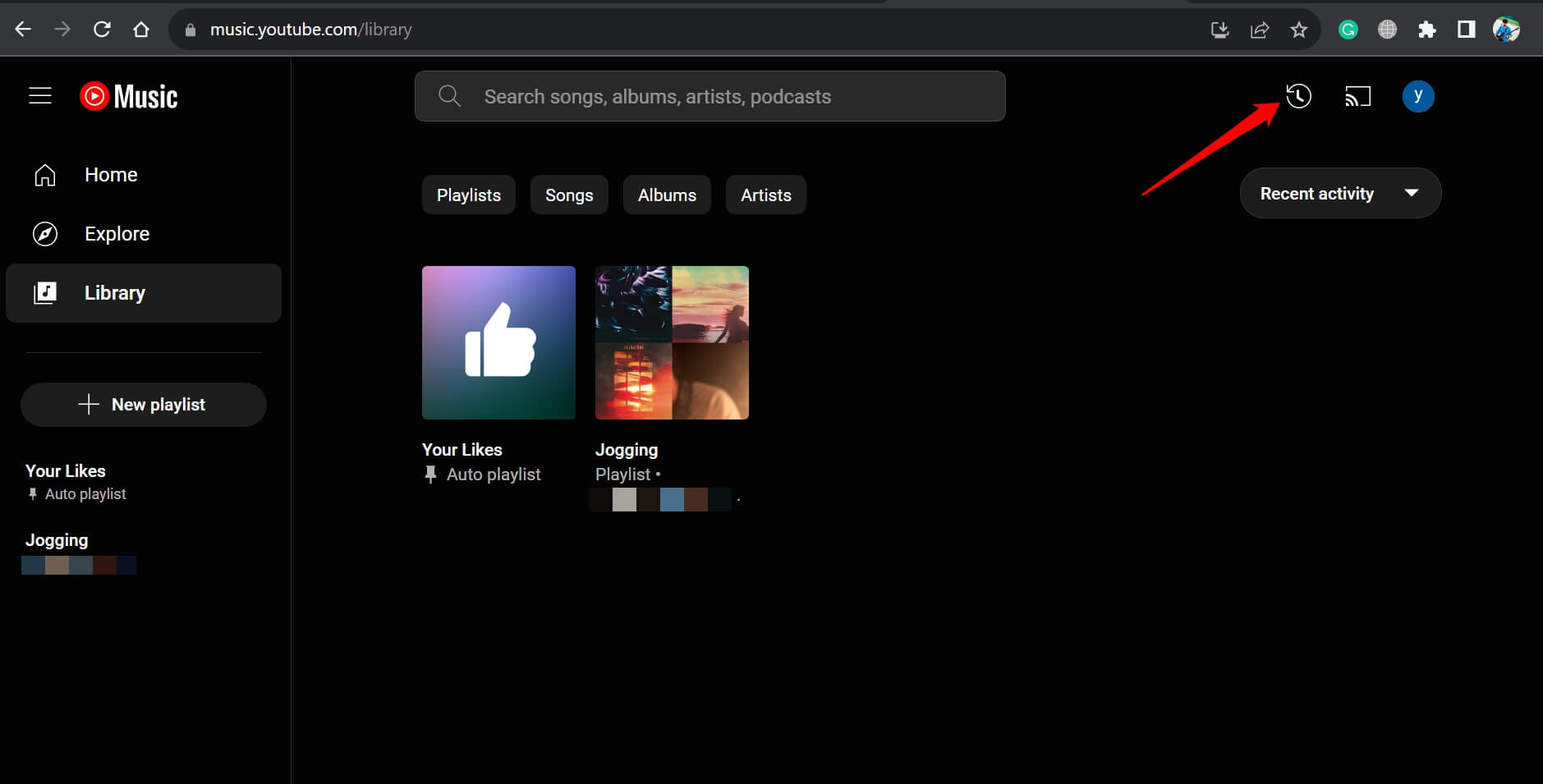 История в YouTube Music на вебе