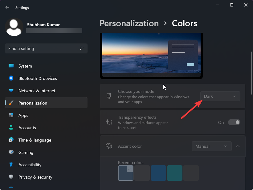 Настройка тёмной темы в Параметрах Windows