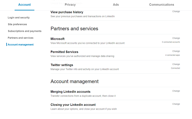 Опция закрытия аккаунта в меню настроек LinkedIn