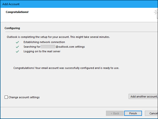 Outlook успешно подключён к учётной записи Outlook.com после ввода пароля для приложения
