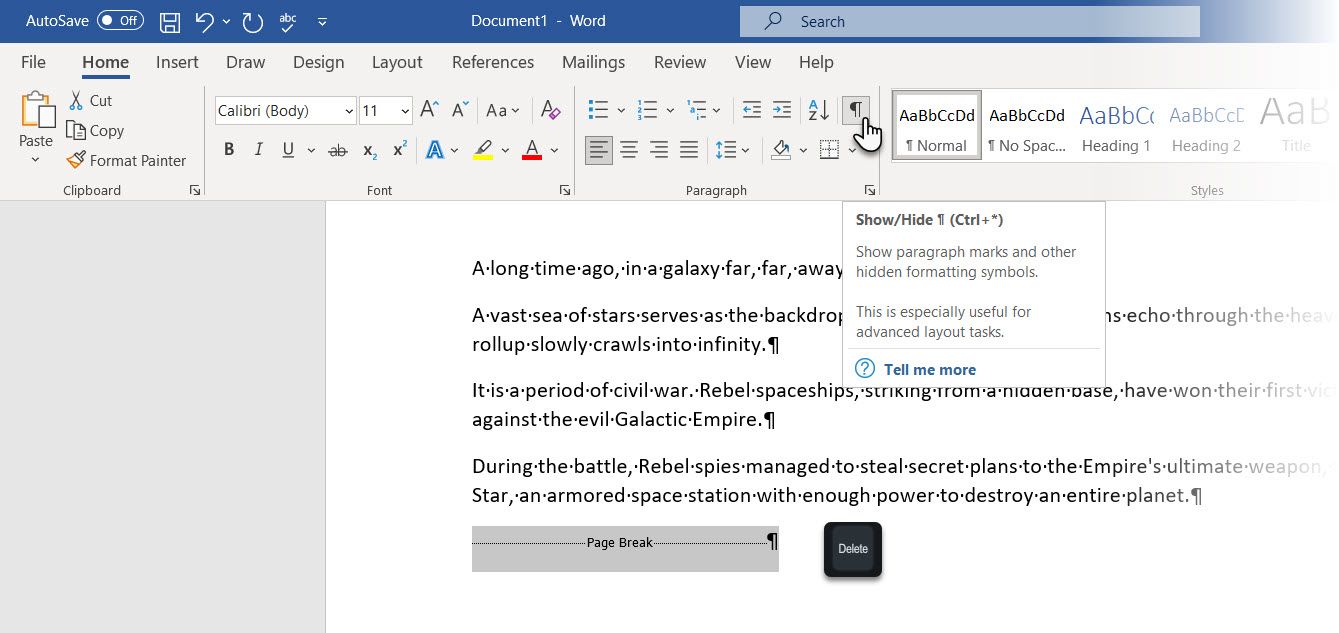 Выделенный маркер разрыва страницы в документе Word
