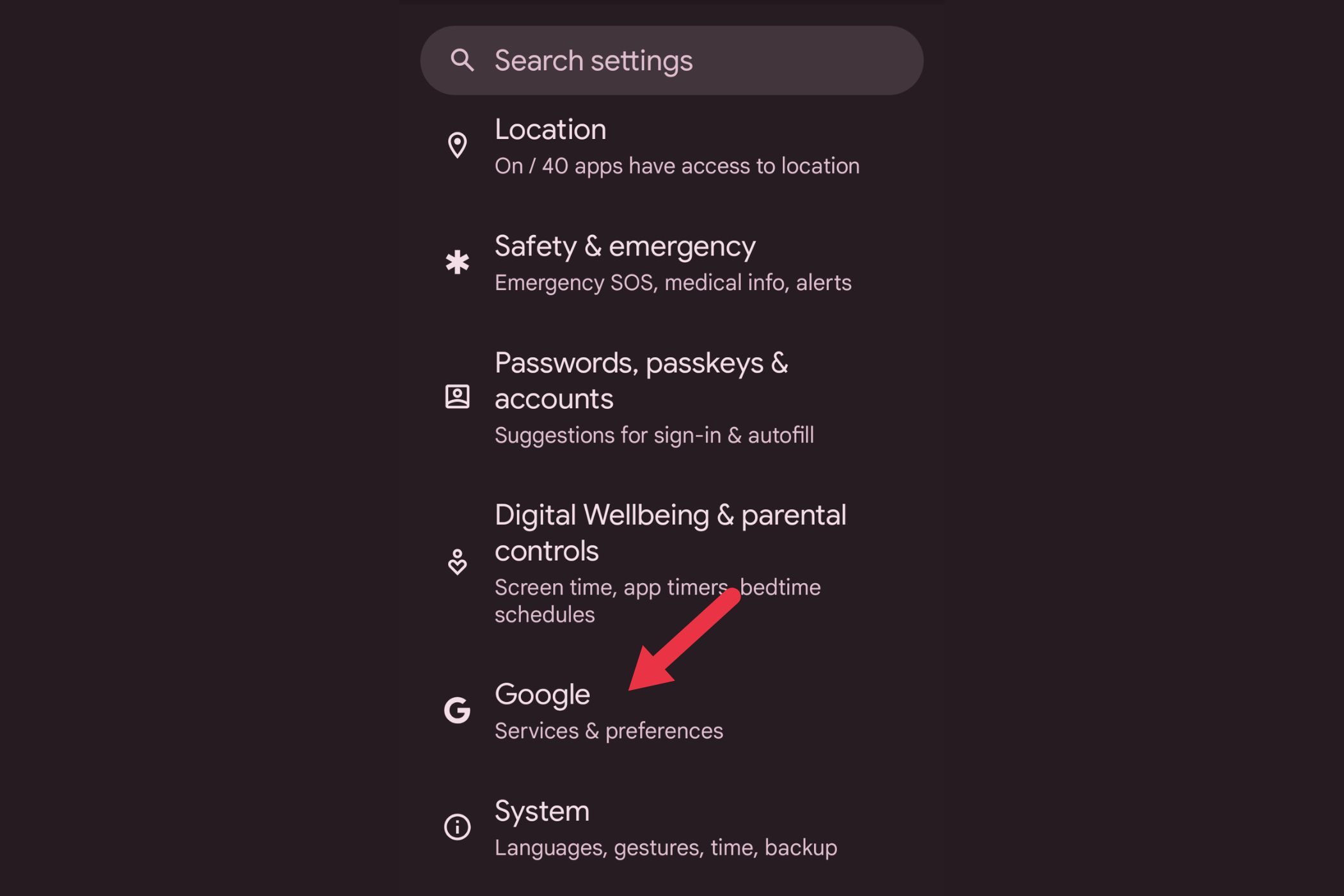 Шаг 1: раздел Google в настройках