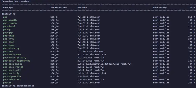 Установка PHP 7.4 и расширений — вывод терминала