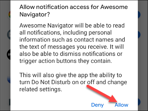 Подтвердите разрешение доступа к уведомлениям для Awesome Navigator