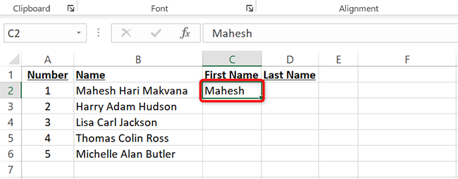 Click the C2 cell and manually enter the first name.