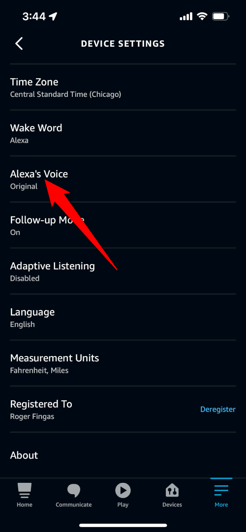 Опции голоса Alexa