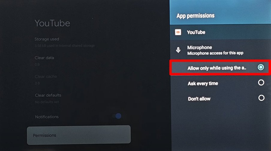 Разрешение микрофона для приложения YouTube на Android TV