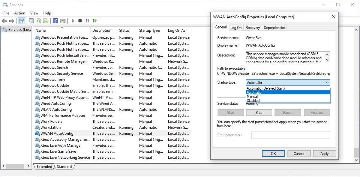 Окно служб Windows 10