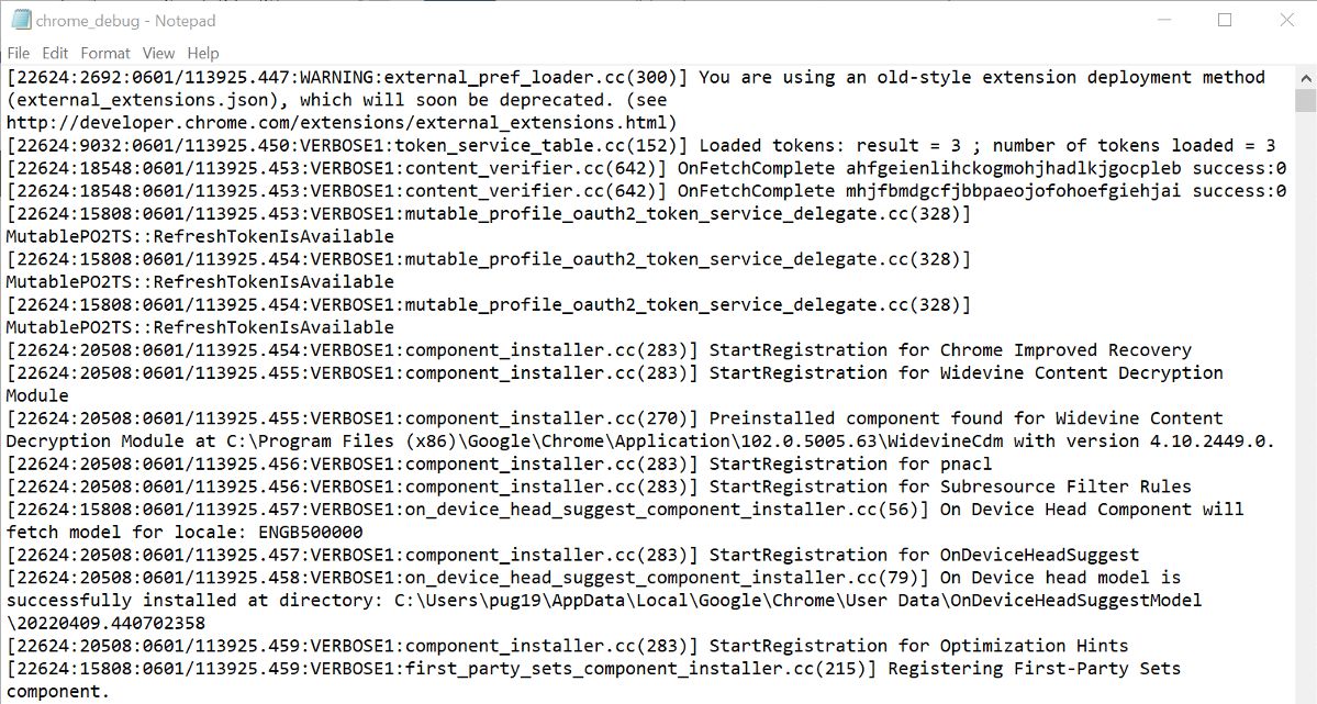 A Google Chrome error log file